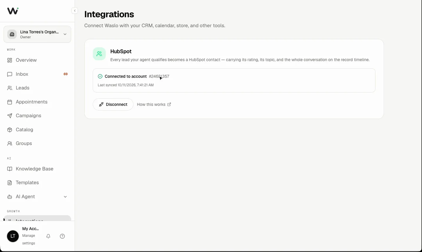 The HubSpot card showing what flows between Waslo and HubSpot