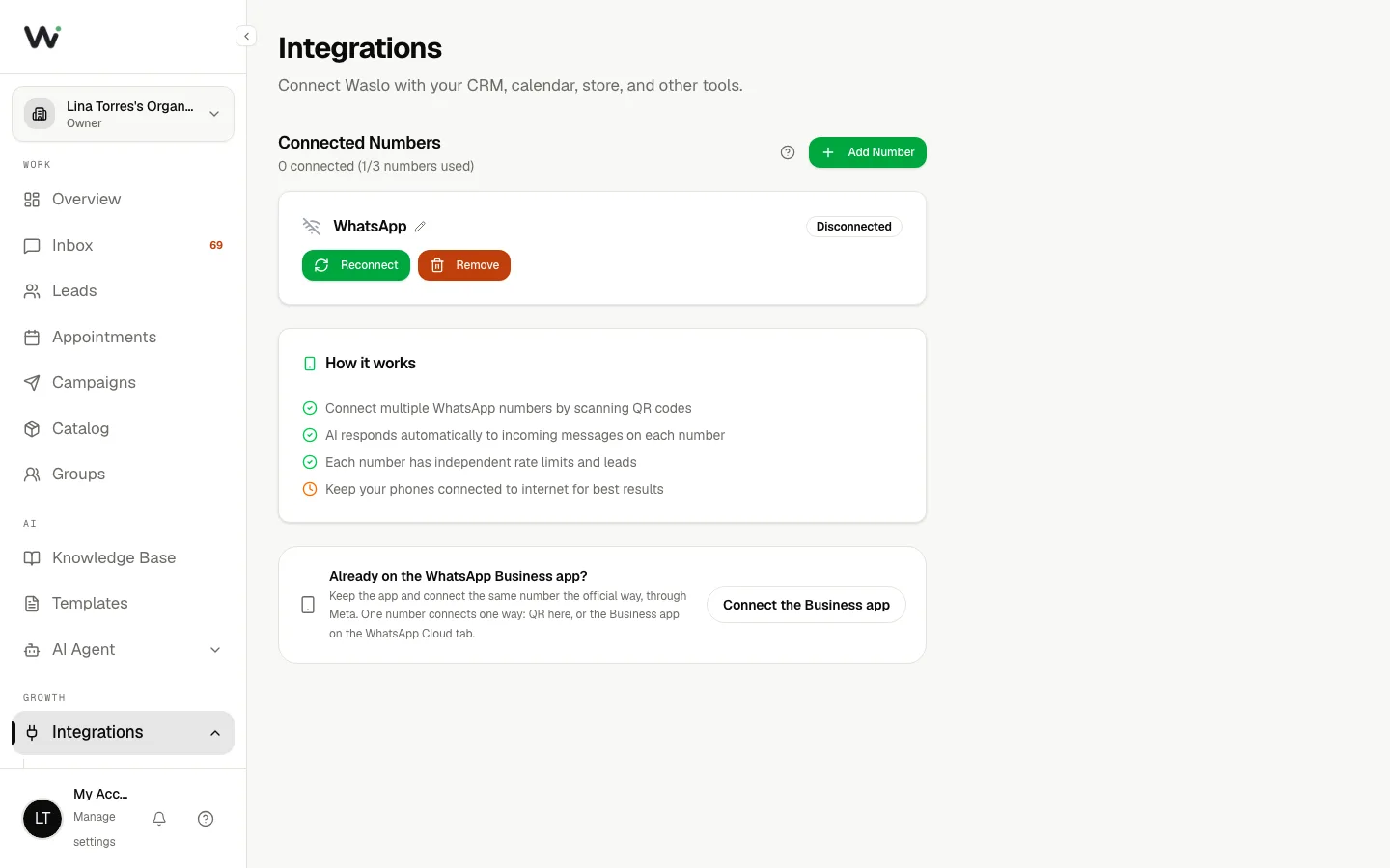 La tarjeta de números de WhatsApp en Integraciones, con el botón para añadir un número