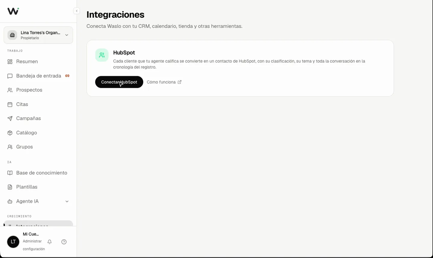 La tarjeta de HubSpot con el botón Conectar HubSpot