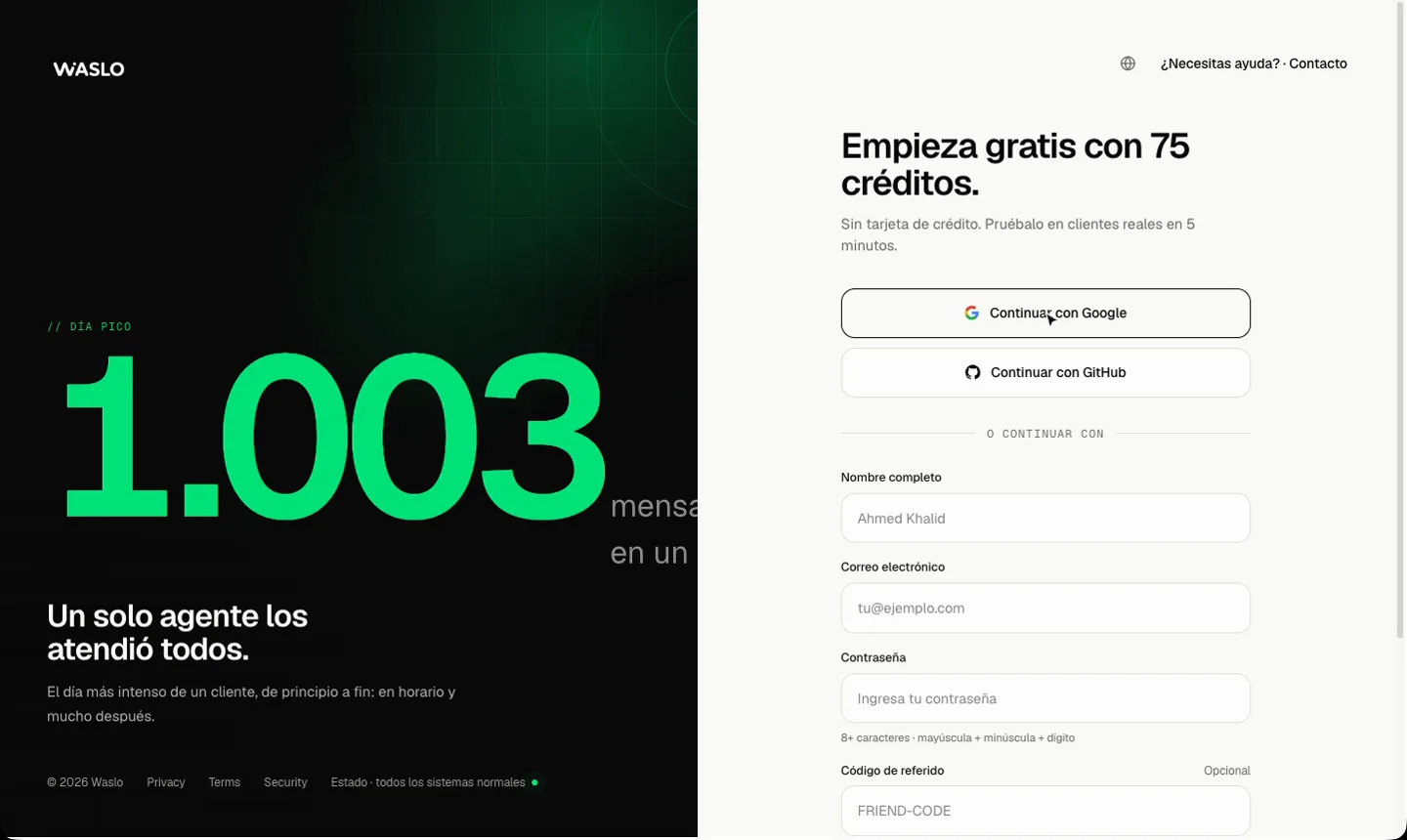 La página de registro con el botón de Google