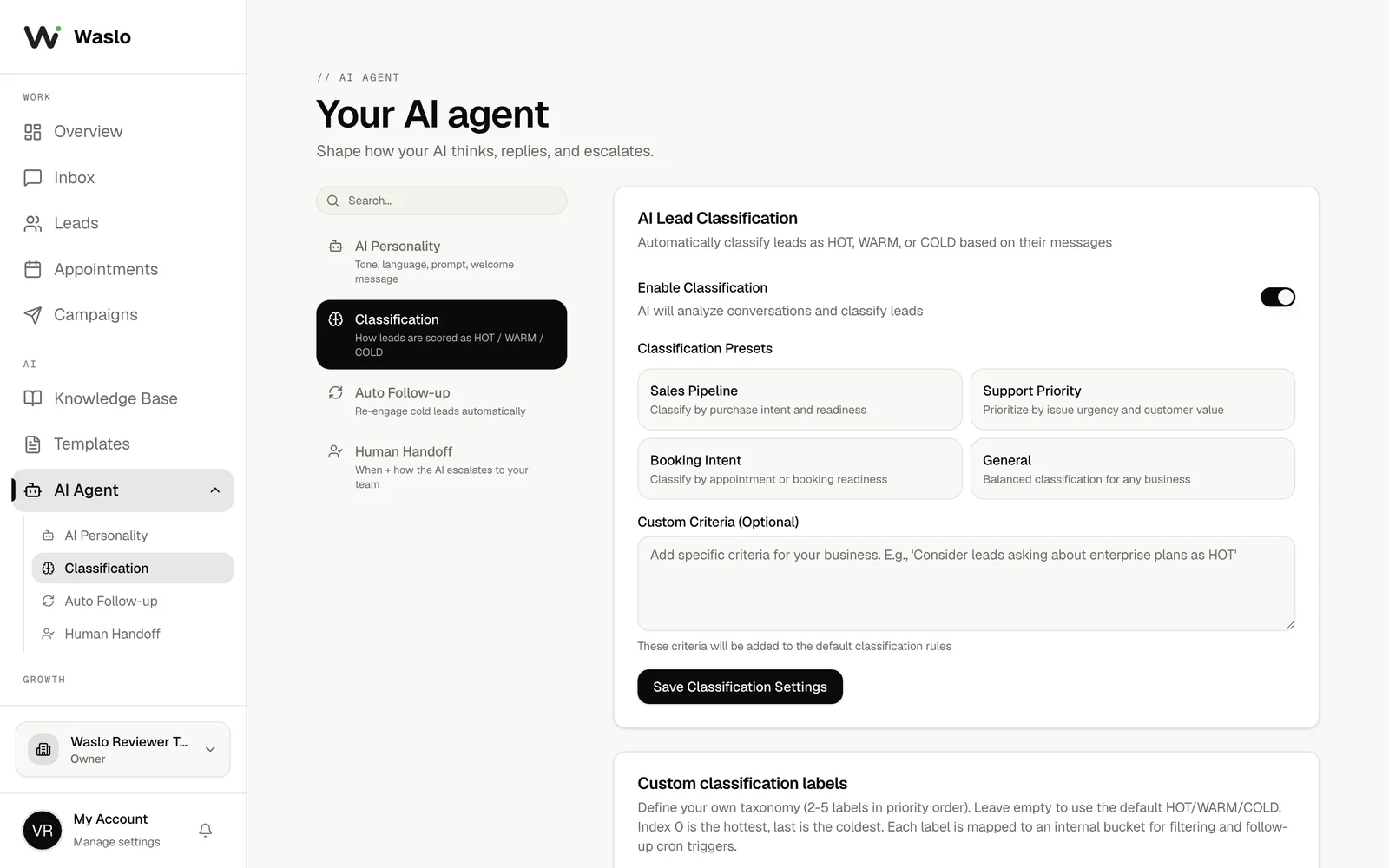 AI Agent Classification page